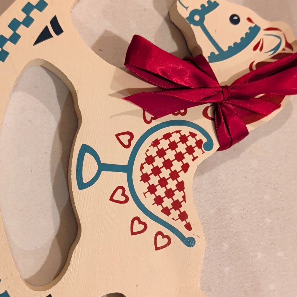 Wood Horse Christmas Hanging Hearts Pattern White Red Blue Cottage core